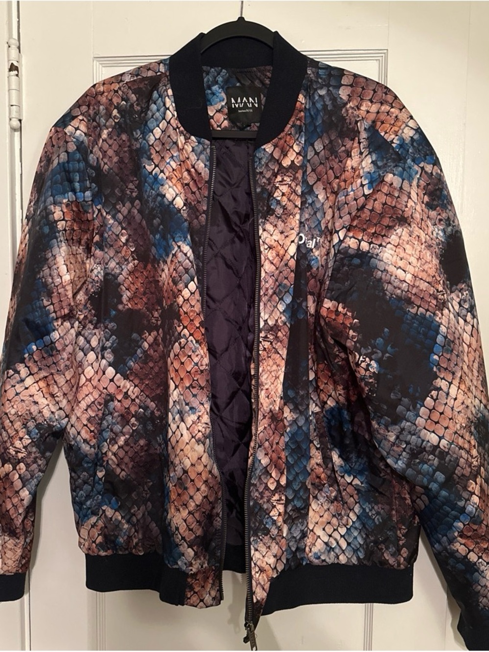 Men's Snake-Print Bomber Jacket - Blue & Brown